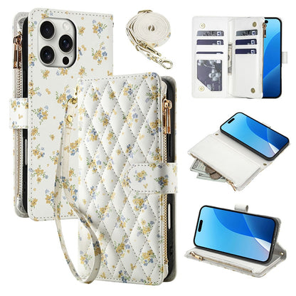 For iPhone 16 Pro Max Leather Case with Wrist Strap   /   Shoulder Strap Rhombic Floral Pattern Zipper Wallet Phone Cover