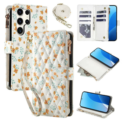 For Samsung Galaxy S25 Ultra Leather Case with Wrist Strap   /   Shoulder Strap Rhombic Floral Pattern Zipper Wallet Phone Cover