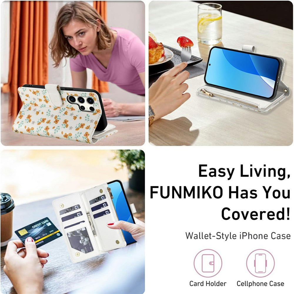 For Samsung Galaxy S25 Ultra Leather Case with Wrist Strap   /   Shoulder Strap Rhombic Floral Pattern Zipper Wallet Phone Cover