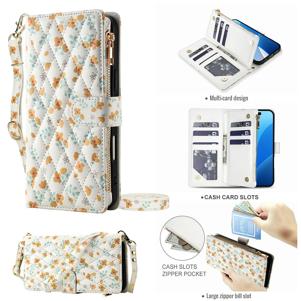 For Samsung Galaxy S25 Ultra Leather Case with Wrist Strap   /   Shoulder Strap Rhombic Floral Pattern Zipper Wallet Phone Cover