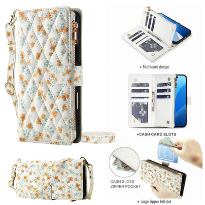 For Samsung Galaxy S25 Ultra Leather Case with Wrist Strap   /   Shoulder Strap Rhombic Floral Pattern Zipper Wallet Phone Cover