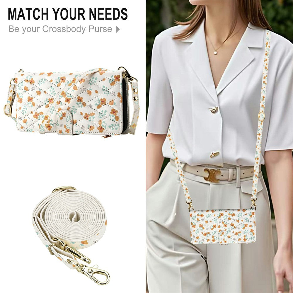 For Samsung Galaxy S25 Ultra Leather Case with Wrist Strap   /   Shoulder Strap Rhombic Floral Pattern Zipper Wallet Phone Cover