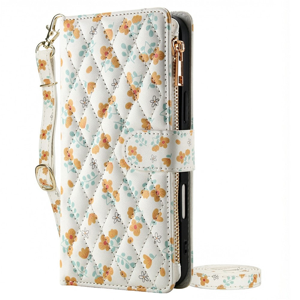 For Samsung Galaxy S25 Ultra Leather Case with Wrist Strap   /   Shoulder Strap Rhombic Floral Pattern Zipper Wallet Phone Cover