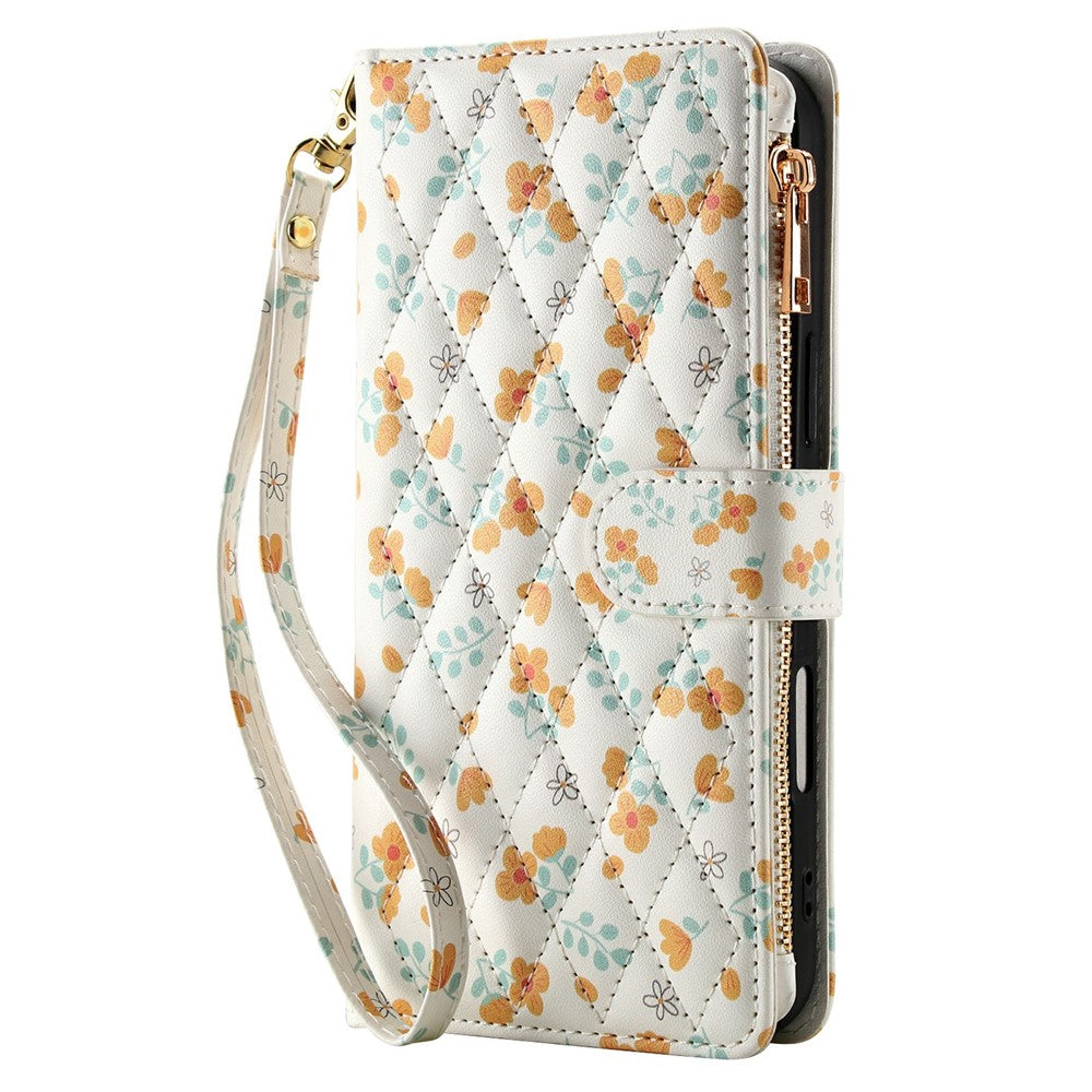 For Samsung Galaxy S25 Ultra Leather Case with Wrist Strap   /   Shoulder Strap Rhombic Floral Pattern Zipper Wallet Phone Cover