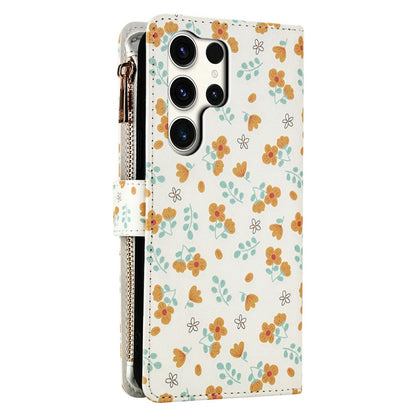 For Samsung Galaxy S25 Ultra Leather Case with Wrist Strap   /   Shoulder Strap Rhombic Floral Pattern Zipper Wallet Phone Cover
