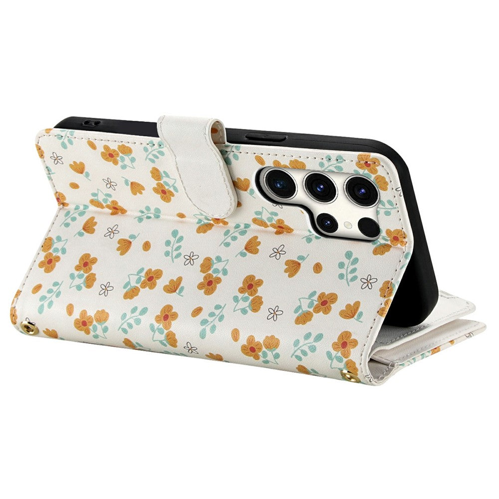 For Samsung Galaxy S25 Ultra Leather Case with Wrist Strap   /   Shoulder Strap Rhombic Floral Pattern Zipper Wallet Phone Cover