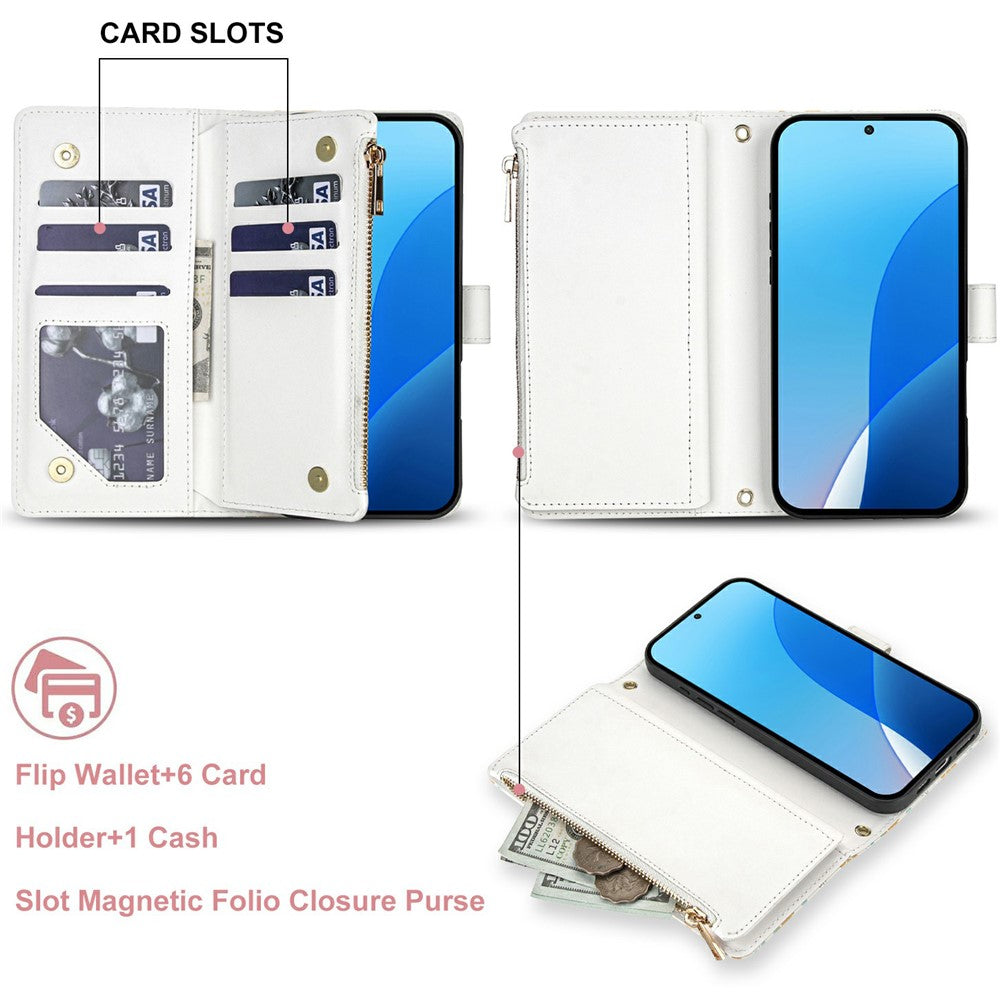 For Samsung Galaxy S25 Ultra Leather Case with Wrist Strap   /   Shoulder Strap Rhombic Floral Pattern Zipper Wallet Phone Cover