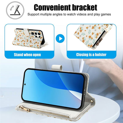 For Samsung Galaxy S25 Ultra Leather Case with Wrist Strap   /   Shoulder Strap Rhombic Floral Pattern Zipper Wallet Phone Cover