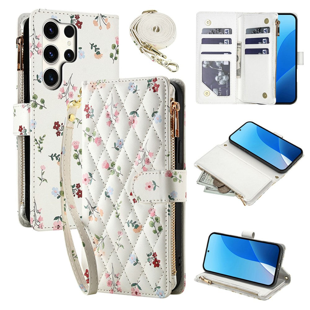 For Samsung Galaxy S25 Ultra Leather Case with Wrist Strap   /   Shoulder Strap Rhombic Floral Pattern Zipper Wallet Phone Cover