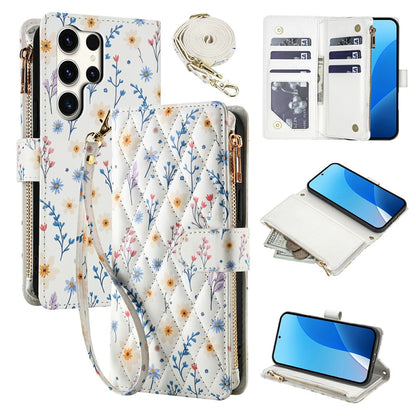 For Samsung Galaxy S25 Ultra Leather Case with Wrist Strap   /   Shoulder Strap Rhombic Floral Pattern Zipper Wallet Phone Cover