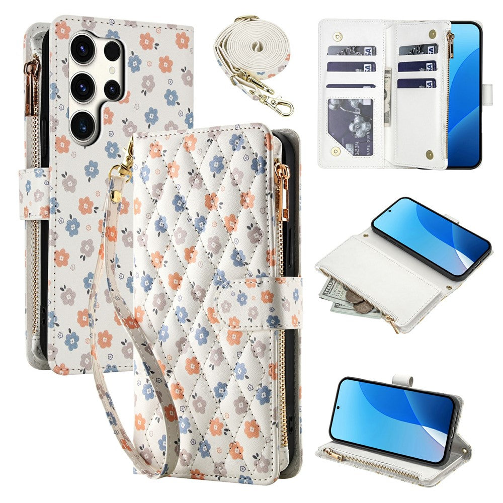 For Samsung Galaxy S25 Ultra Leather Case with Wrist Strap   /   Shoulder Strap Rhombic Floral Pattern Zipper Wallet Phone Cover