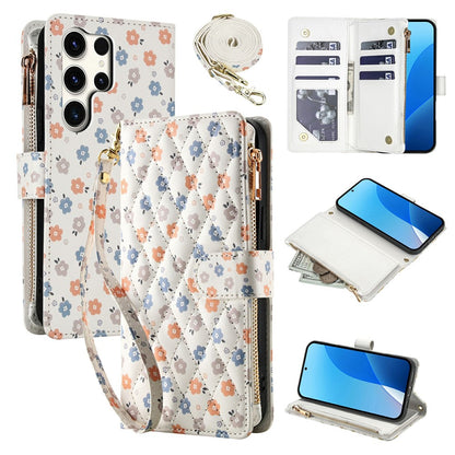 For Samsung Galaxy S25 Ultra Leather Case with Wrist Strap   /   Shoulder Strap Rhombic Floral Pattern Zipper Wallet Phone Cover