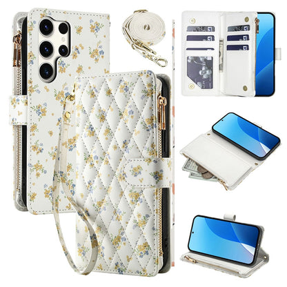 For Samsung Galaxy S25 Ultra Leather Case with Wrist Strap   /   Shoulder Strap Rhombic Floral Pattern Zipper Wallet Phone Cover