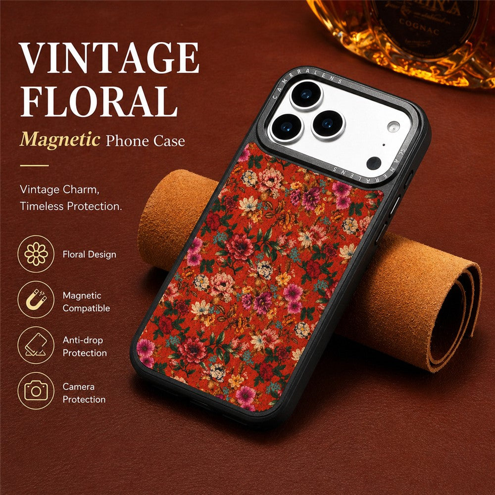 For iPhone 17 Pro Magnetic Case Floral Pattern PU Leather PC TPU Shockproof Cover