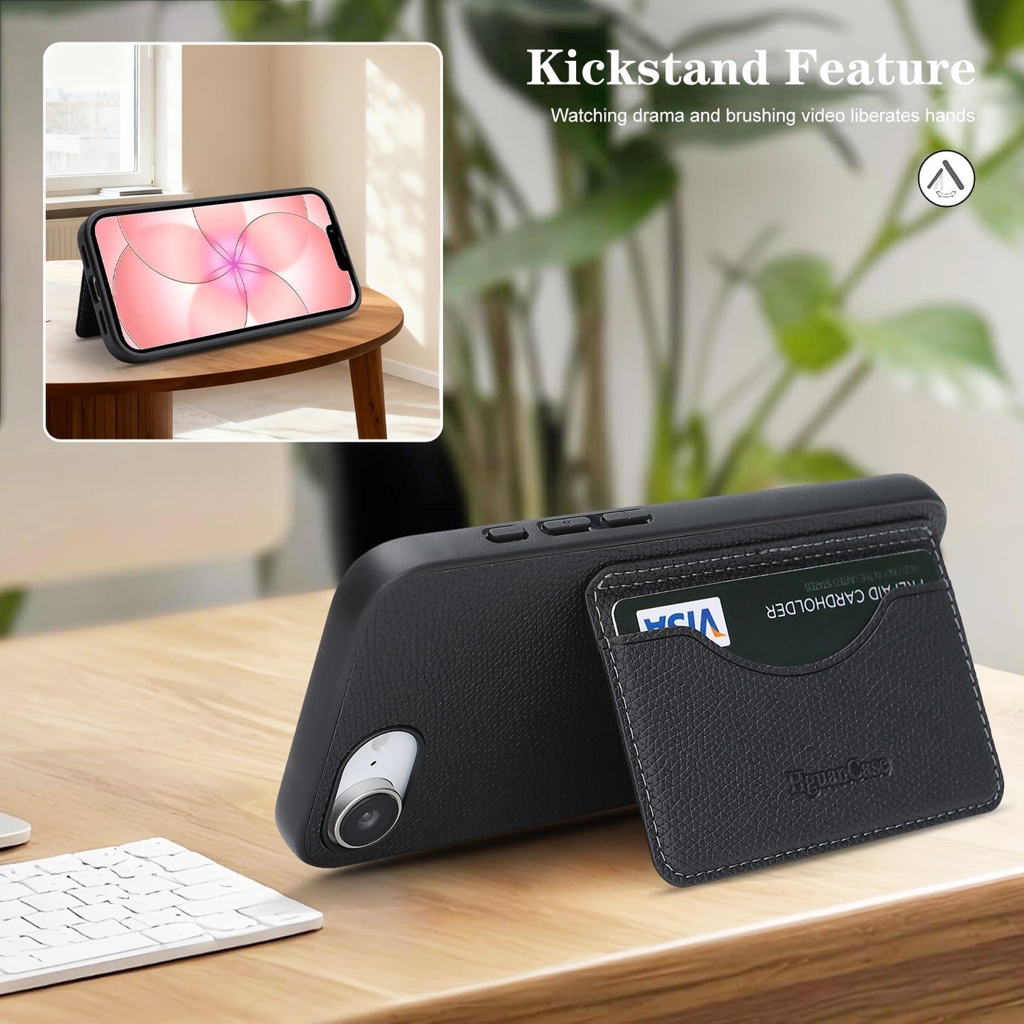 For iPhone 16e / iPhone 17e HGUANCASE Case Vintage Leather TPU Phone Cover with Magnetic Card Holder Kickstand