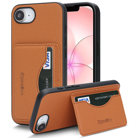 For iPhone 16e / iPhone 17e HGUANCASE Case Vintage Leather TPU Phone Cover with Magnetic Card Holder Kickstand