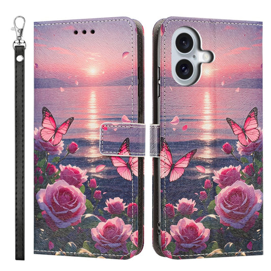 For iPhone 17 Case Pattern Printing PU Leather Flip Wallet Phone Cover with Wrist Strap