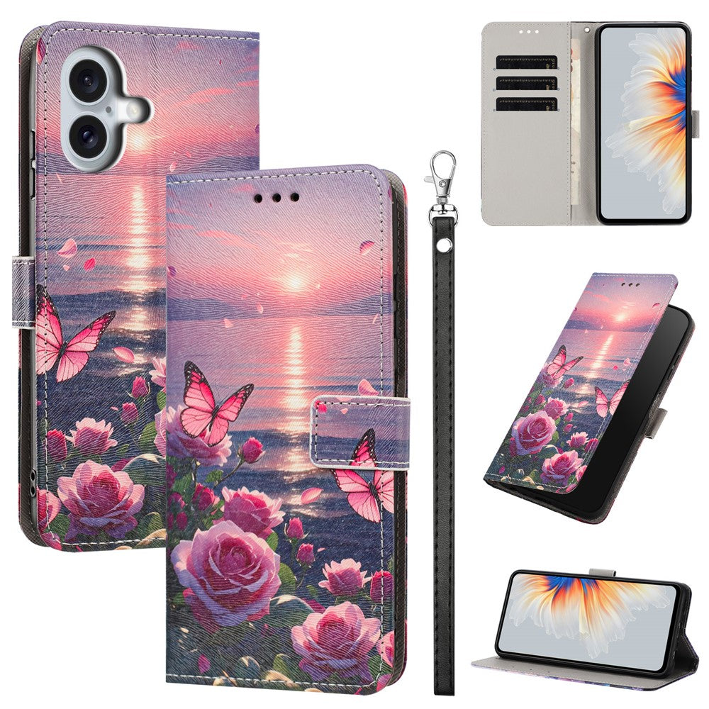 For iPhone 17 Case Pattern Printing PU Leather Flip Wallet Phone Cover with Wrist Strap