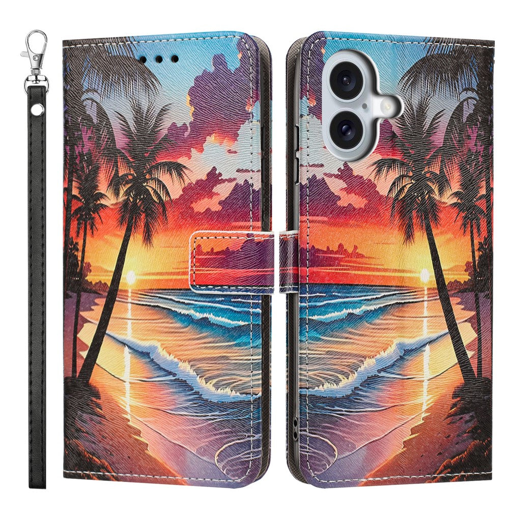 For iPhone 17 Case Pattern Printing PU Leather Flip Wallet Phone Cover with Wrist Strap