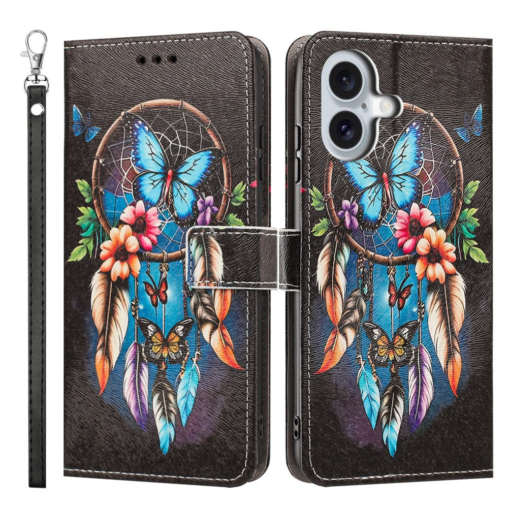 For iPhone 17 Case Pattern Printing PU Leather Flip Wallet Phone Cover with Wrist Strap
