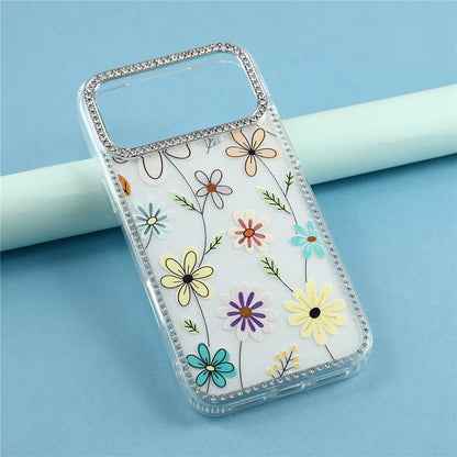 For iPhone 17 Pro Case Rhinestone Edge Flower TPU + PC IMD Phone Cover