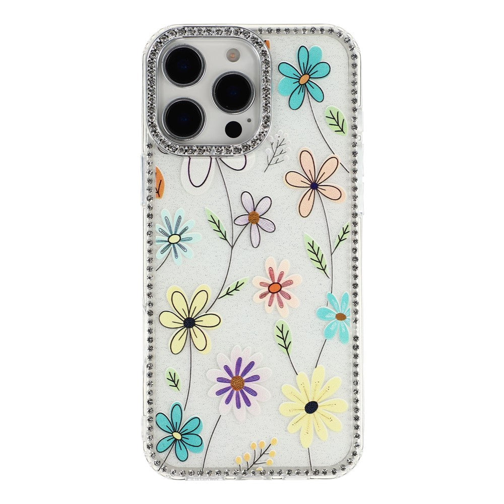 For iPhone 16 Pro Max Case Rhinestone Edge Flower TPU + PC IMD Phone Cover