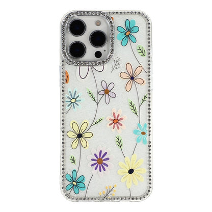 For iPhone 16 Pro Max Case Rhinestone Edge Flower TPU + PC IMD Phone Cover