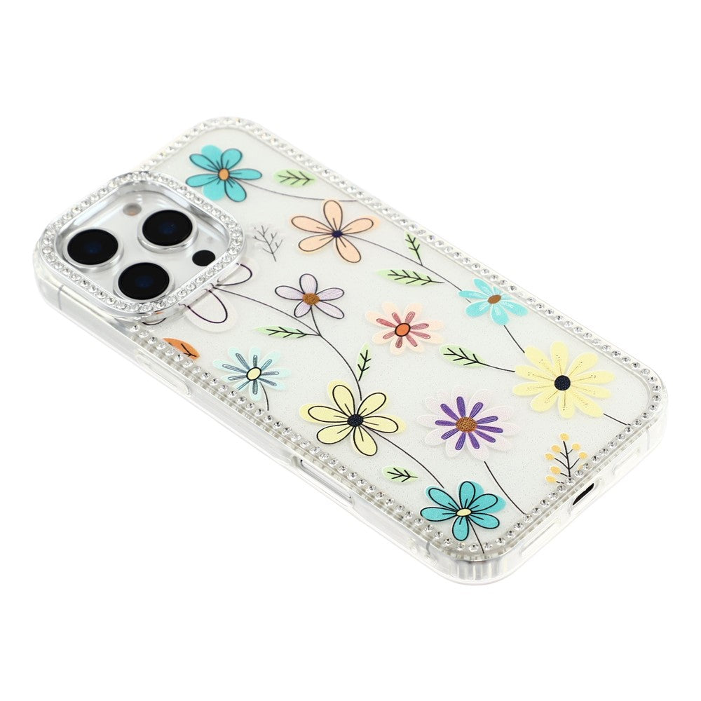 For iPhone 16 Pro Max Case Rhinestone Edge Flower TPU + PC IMD Phone Cover