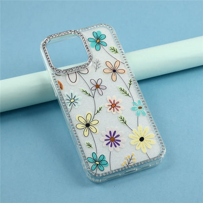 For iPhone 16 Pro Max Case Rhinestone Edge Flower TPU + PC IMD Phone Cover
