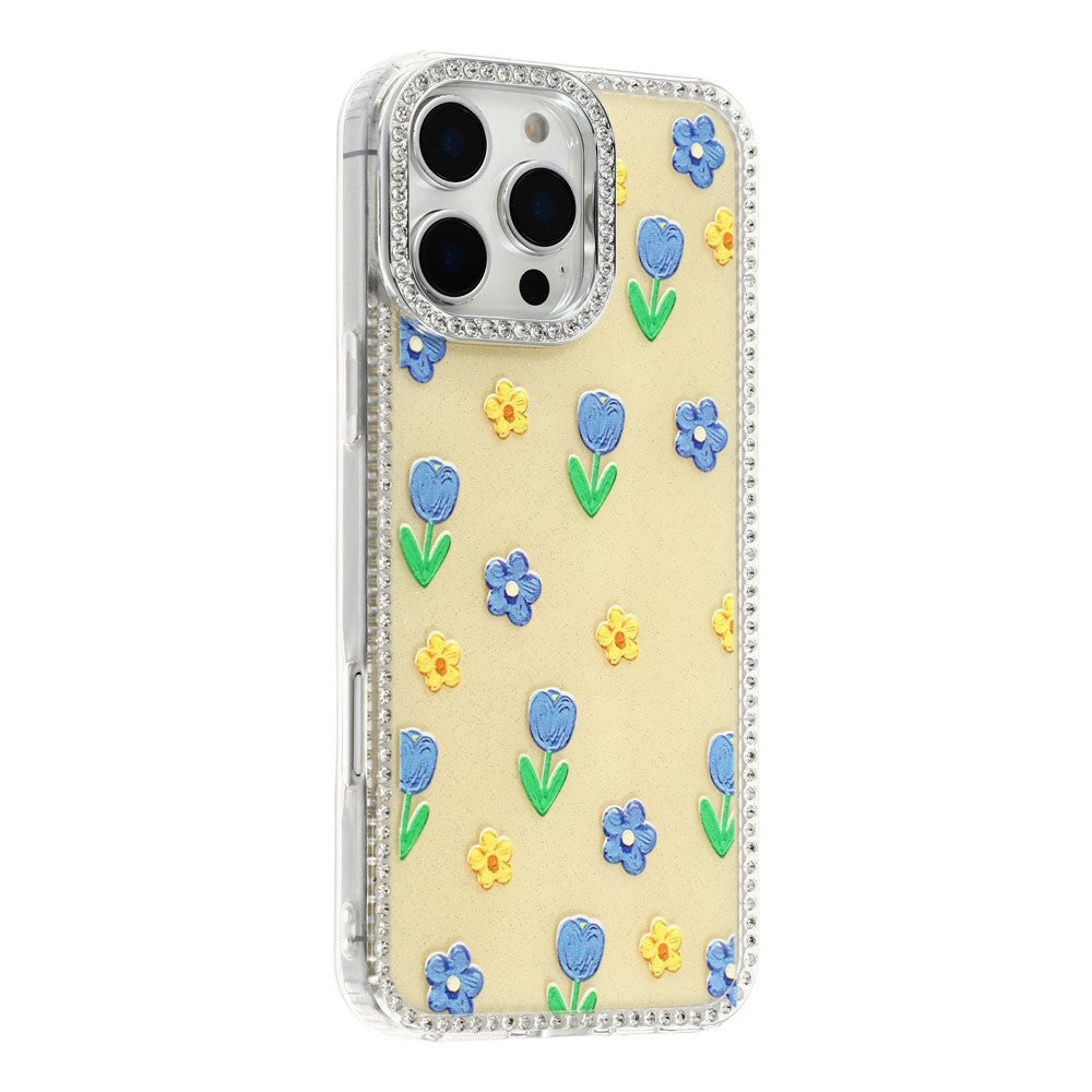 For iPhone 16 Pro Max Case Rhinestone Edge Flower TPU + PC IMD Phone Cover