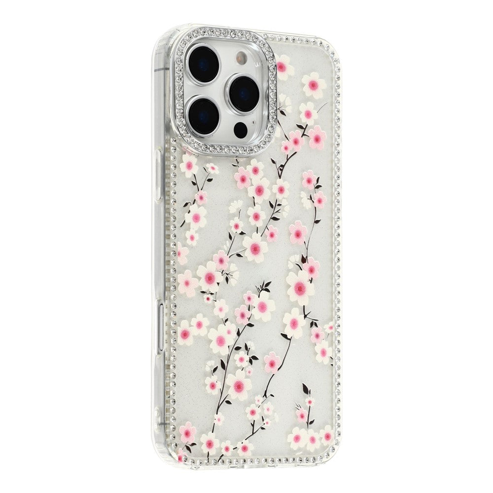 For iPhone 16 Pro Max Case Rhinestone Edge Flower TPU + PC IMD Phone Cover