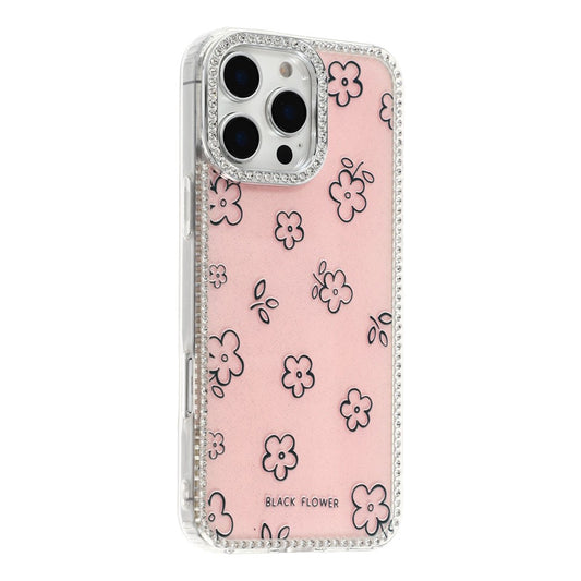 For iPhone 16 Pro Max Case Rhinestone Edge Flower TPU + PC IMD Phone Cover