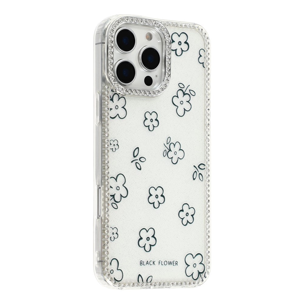 For iPhone 16 Pro Max Case Rhinestone Edge Flower TPU + PC IMD Phone Cover