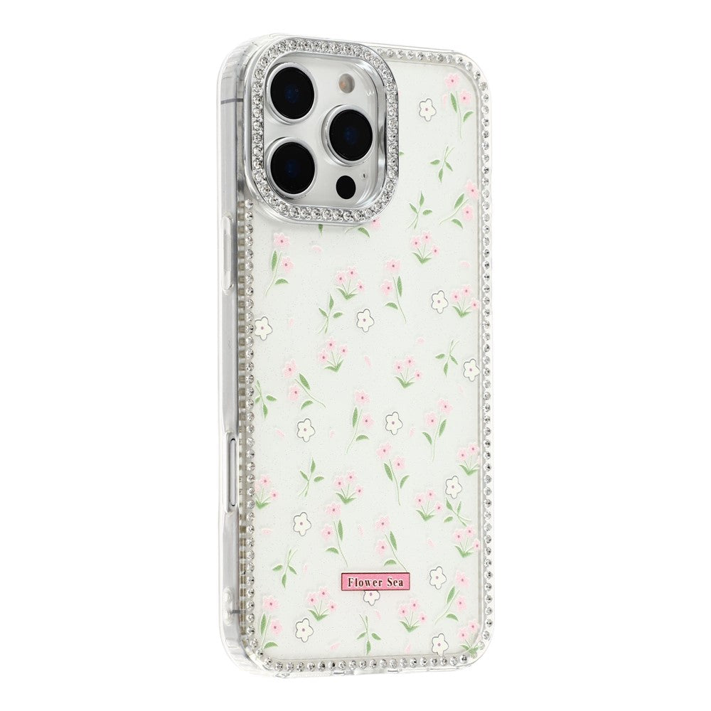For iPhone 16 Pro Max Case Rhinestone Edge Flower TPU + PC IMD Phone Cover