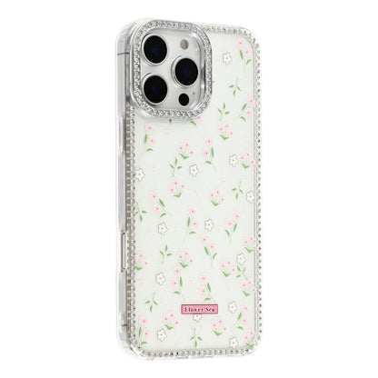 For iPhone 16 Pro Max Case Rhinestone Edge Flower TPU + PC IMD Phone Cover