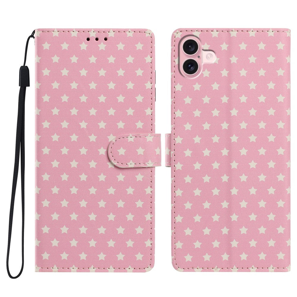 For iPhone 16 Case Star Pattern PU Leather Wallet Stand Phone Cover with Wrist Strap