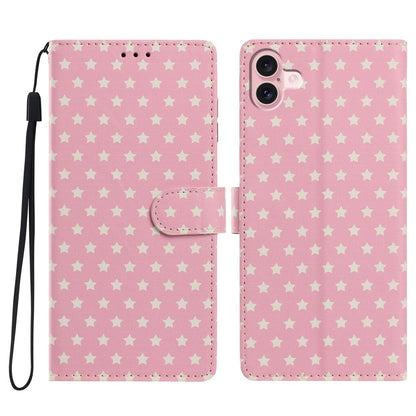For iPhone 16 Case Star Pattern PU Leather Wallet Stand Phone Cover with Wrist Strap