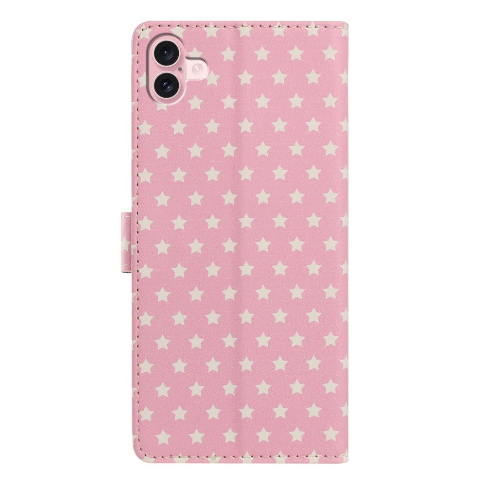 For iPhone 16 Case Star Pattern PU Leather Wallet Stand Phone Cover with Wrist Strap