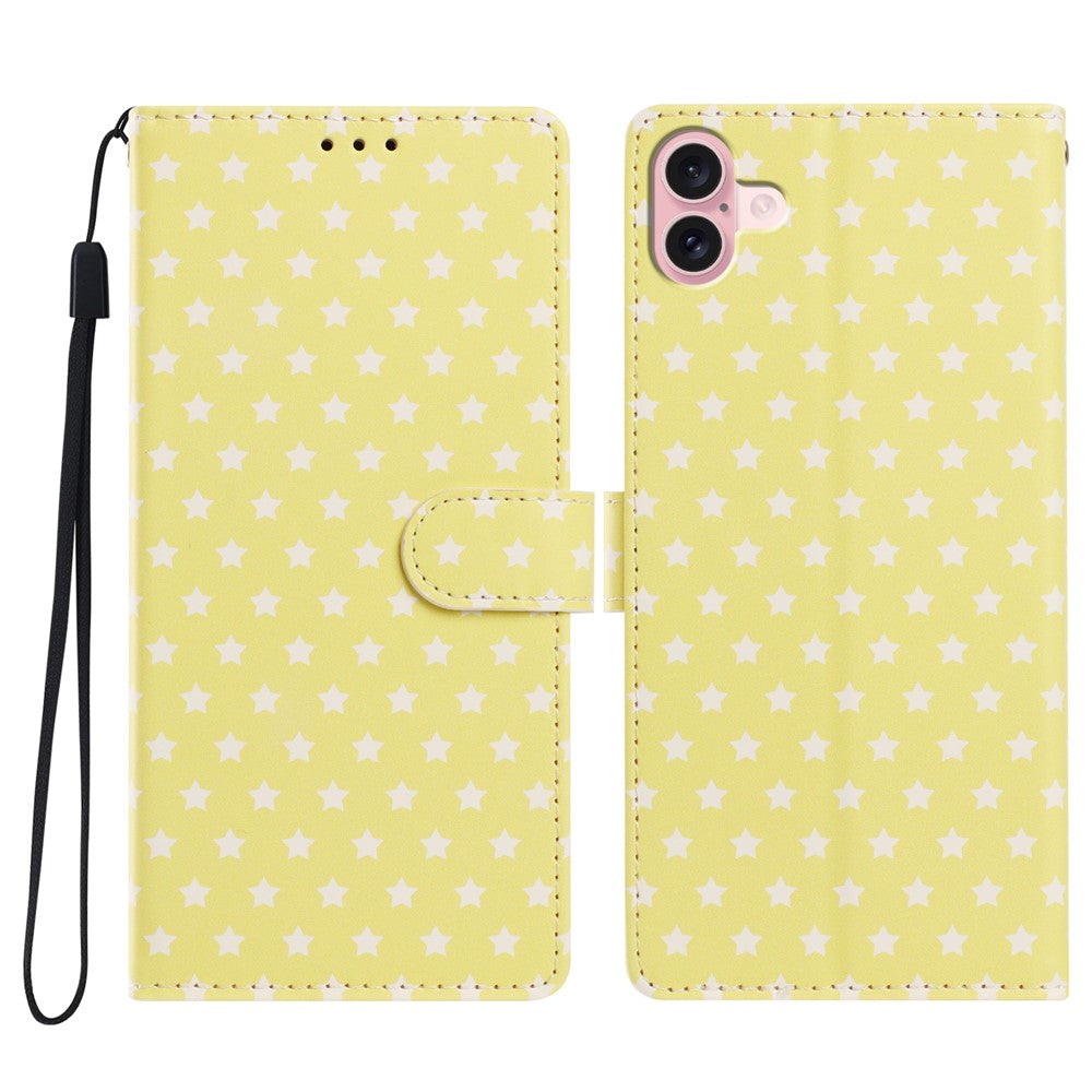 For iPhone 16 Case Star Pattern PU Leather Wallet Stand Phone Cover with Wrist Strap