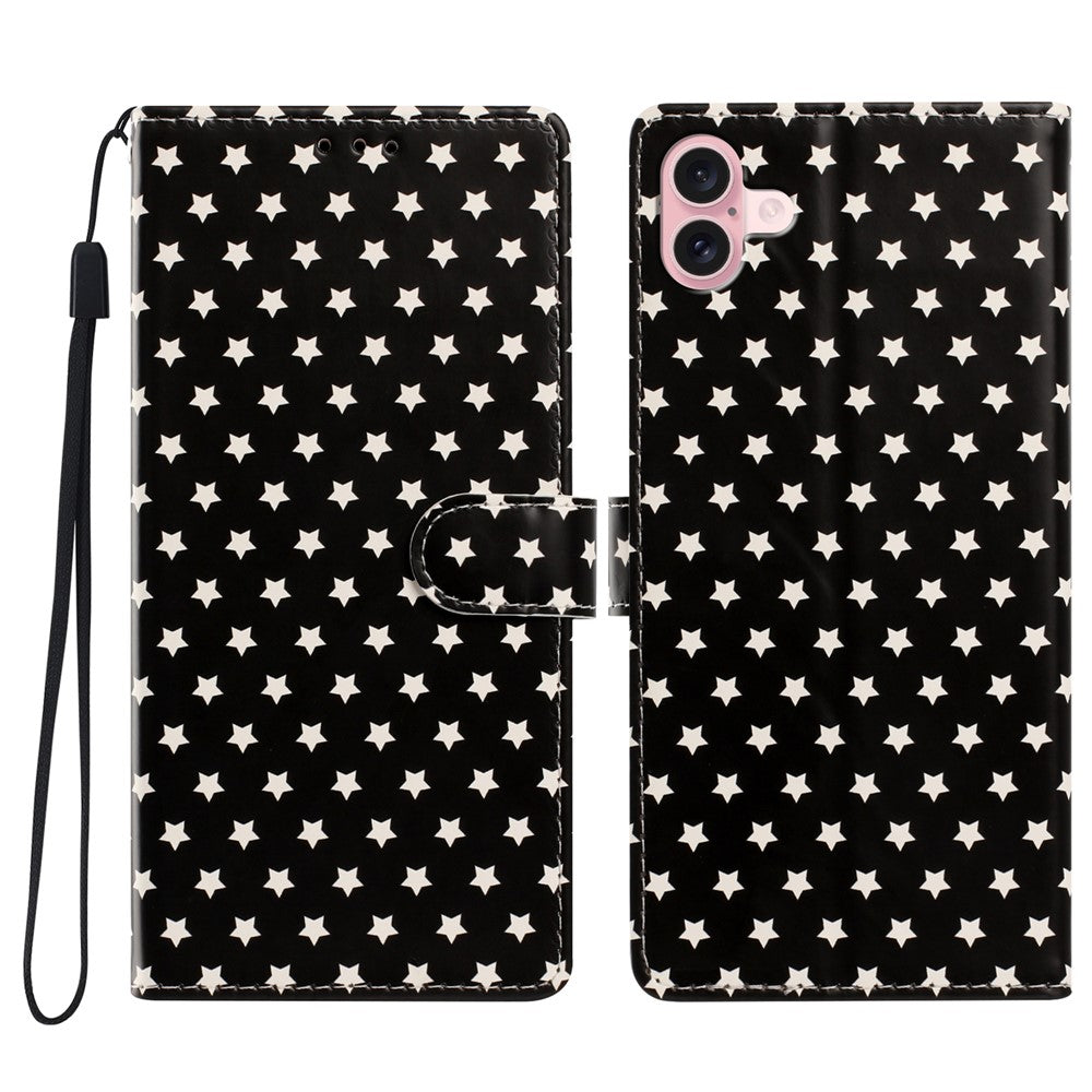 For iPhone 16 Case Star Pattern PU Leather Wallet Stand Phone Cover with Wrist Strap