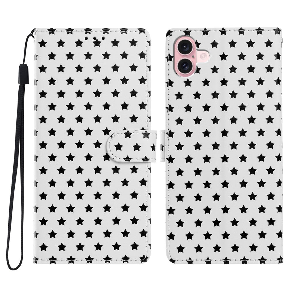 For iPhone 16 Case Star Pattern PU Leather Wallet Stand Phone Cover with Wrist Strap