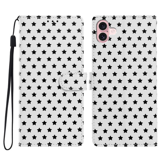For iPhone 16 Case Star Pattern PU Leather Wallet Stand Phone Cover with Wrist Strap