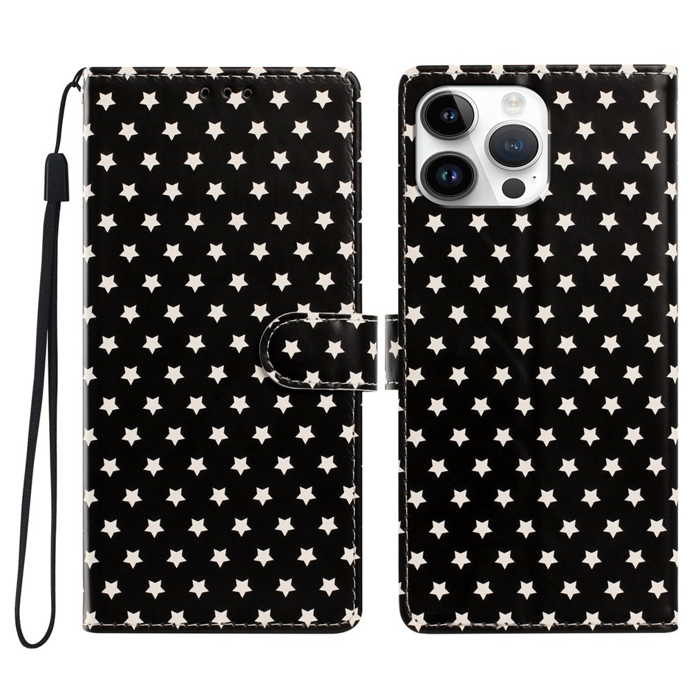 For iPhone 16 Pro Case Star Pattern PU Leather Wallet Stand Phone Cover with Wrist Strap
