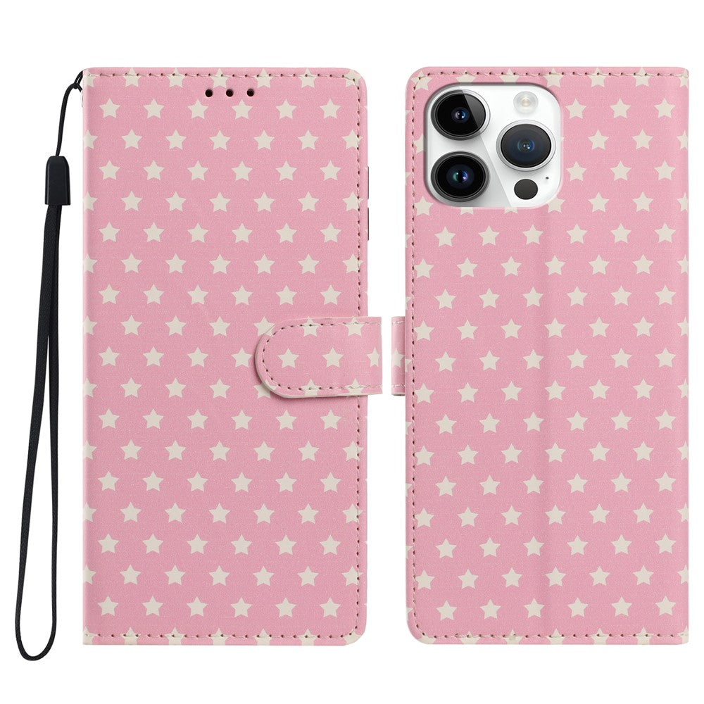 For iPhone 16 Pro Case Star Pattern PU Leather Wallet Stand Phone Cover with Wrist Strap