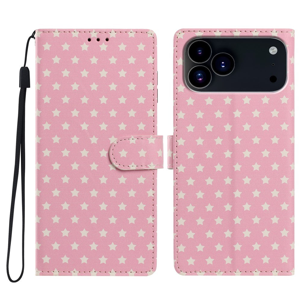 For iPhone 17 Pro Case Star Pattern PU Leather Wallet Stand Phone Cover with Wrist Strap
