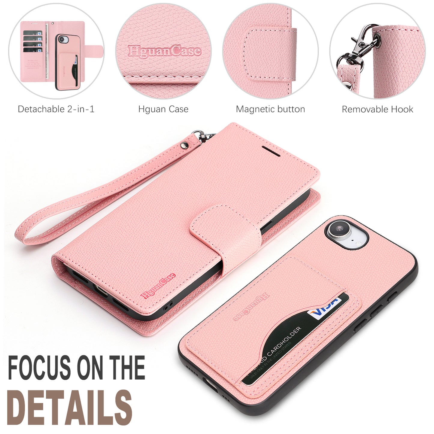For iPhone 16e / iPhone 17e HGUANCASE Case Wallet Stand Detachable Vintage Leather Phone Cover with Wrist Strap