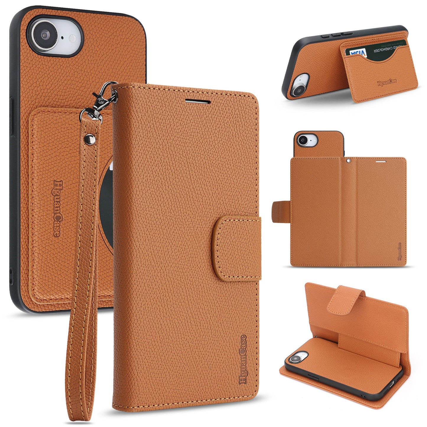 For iPhone 16e / iPhone 17e HGUANCASE Case Wallet Stand Detachable Vintage Leather Phone Cover with Wrist Strap
