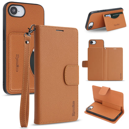 For iPhone 16e / iPhone 17e HGUANCASE Case Wallet Stand Detachable Vintage Leather Phone Cover with Wrist Strap