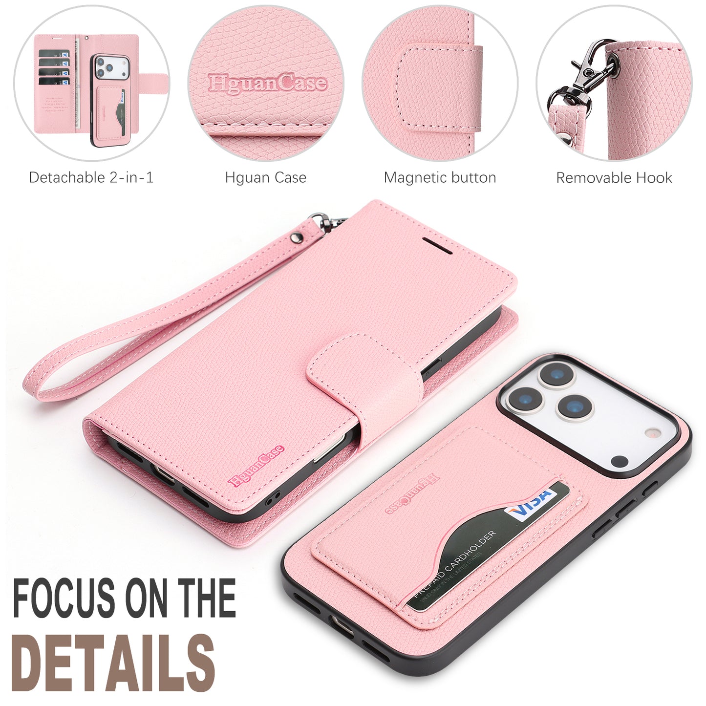 For iPhone 17 Pro HGUANCASE Case Wallet Stand Detachable Vintage Leather Phone Cover with Wrist Strap