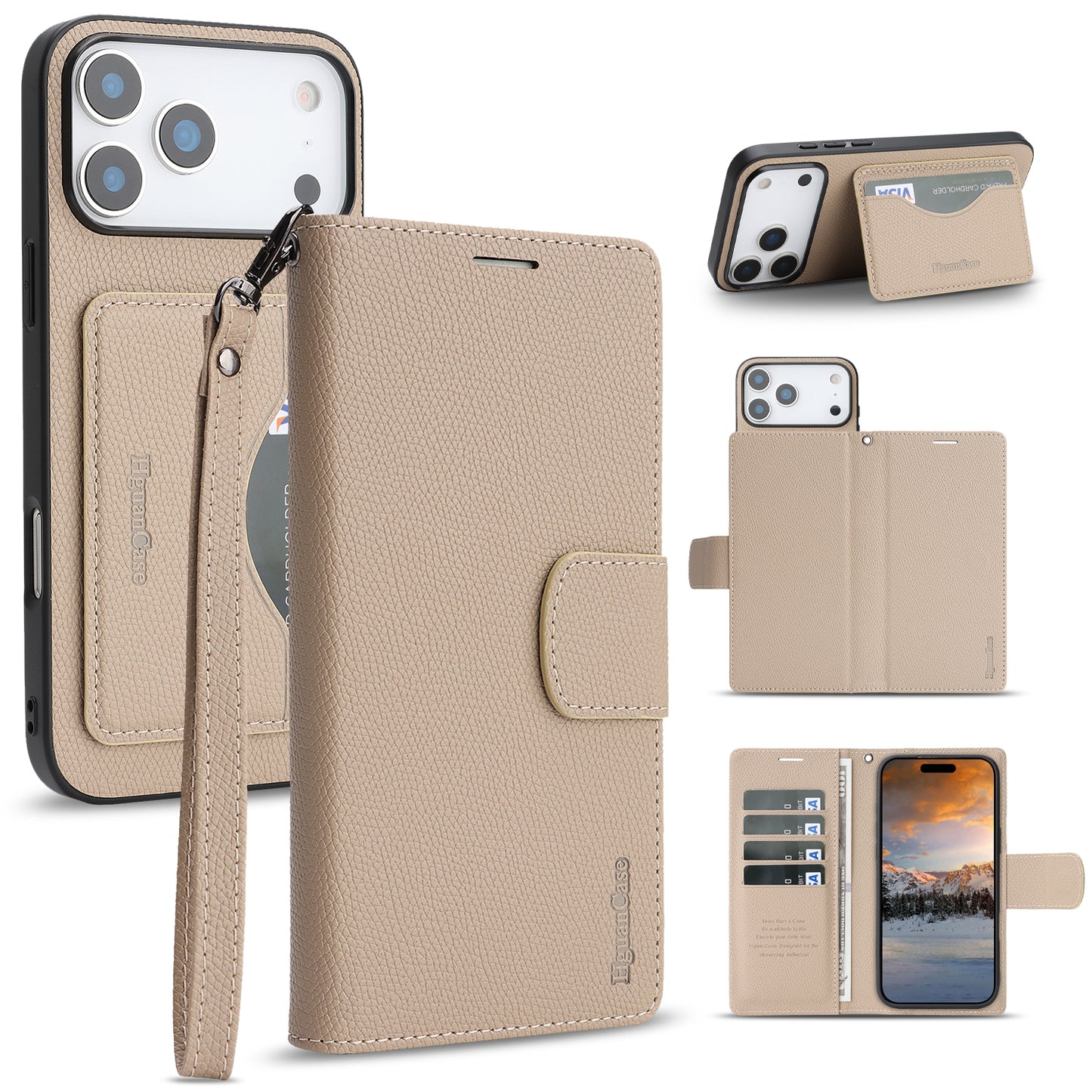 For iPhone 17 Pro HGUANCASE Case Wallet Stand Detachable Vintage Leather Phone Cover with Wrist Strap